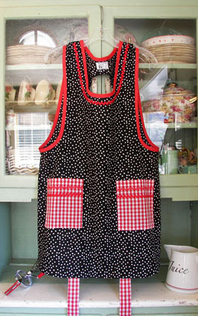 Grandma in Black polka Dot with red trim