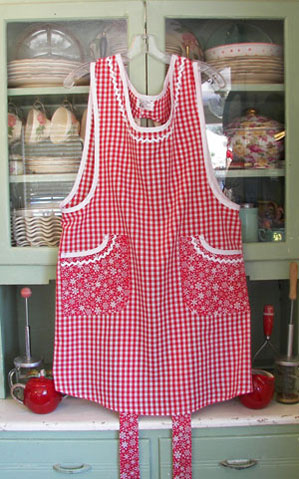 Aunt Violet red gingham with red snowflake pockets